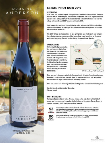 Sell Sheet for {materiallist:brand_name} Estate Pinot Noir 2019