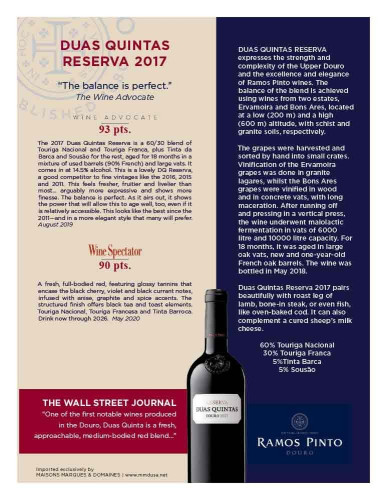 Sell Sheet for {materiallist:brand_name} Duas Quintas Reserva Red 2017