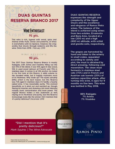 Sell Sheet for {materiallist:brand_name} Duas Quintas Reserva White 2017
